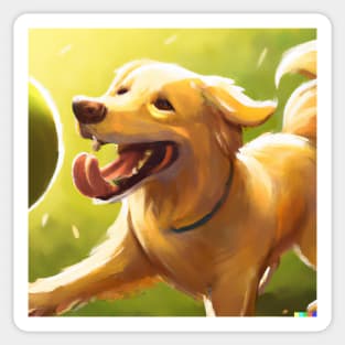 Golden retriever playing with ball happily and energetically on a playing field Sticker